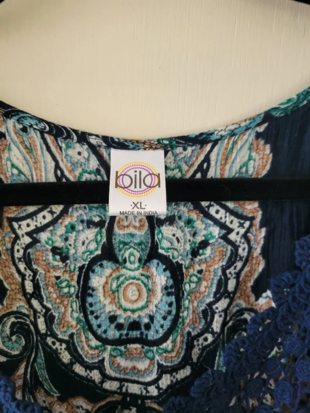 Bila Boho Paisley Floral Maxi Dress Crochet Neckline Drawstring Waist sz XL Navy - Picture 3 of 10